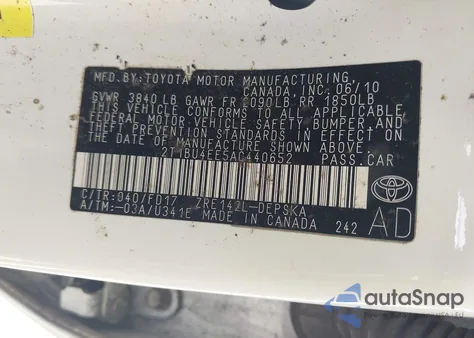 2010 Toyota Corolla S from USA, damaged, VIN 2T1BU4EE5AC440652